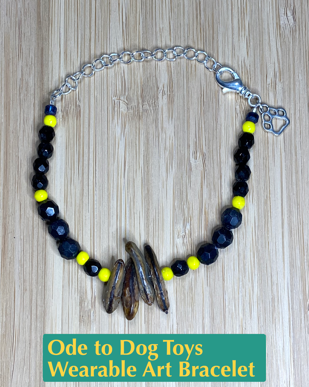 eco-conscious bracelet made with sticks, salvaged beads, and plated metals